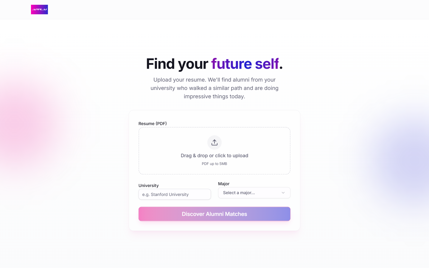 Applai's landing screen: a resume upload area with university and major fields, above a Discover Alumni Matches button