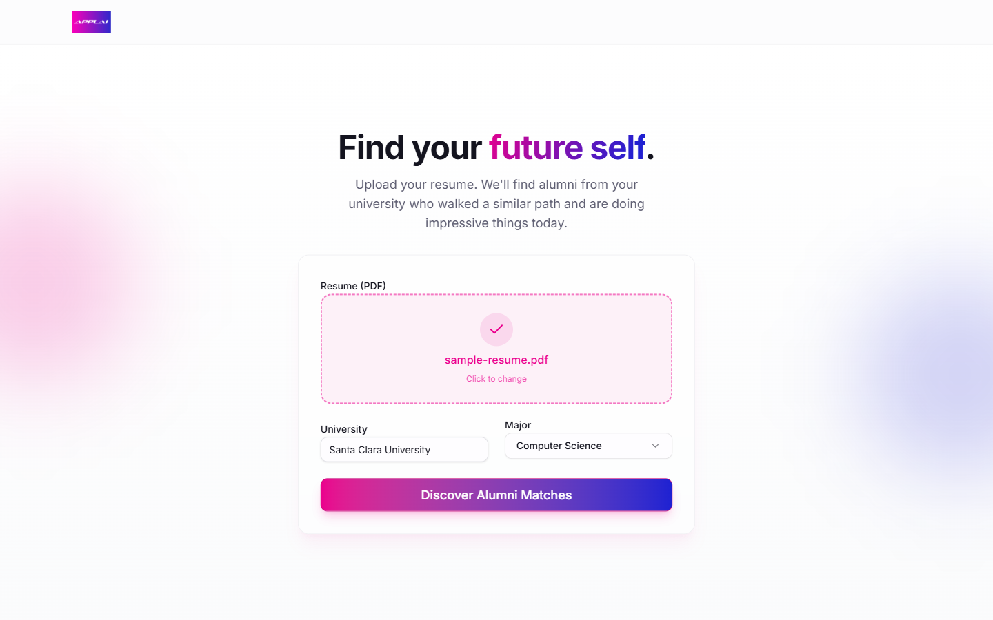 The completed Applai form: a PDF accepted, university and major filled in, and the Discover Alumni Matches button enabled
