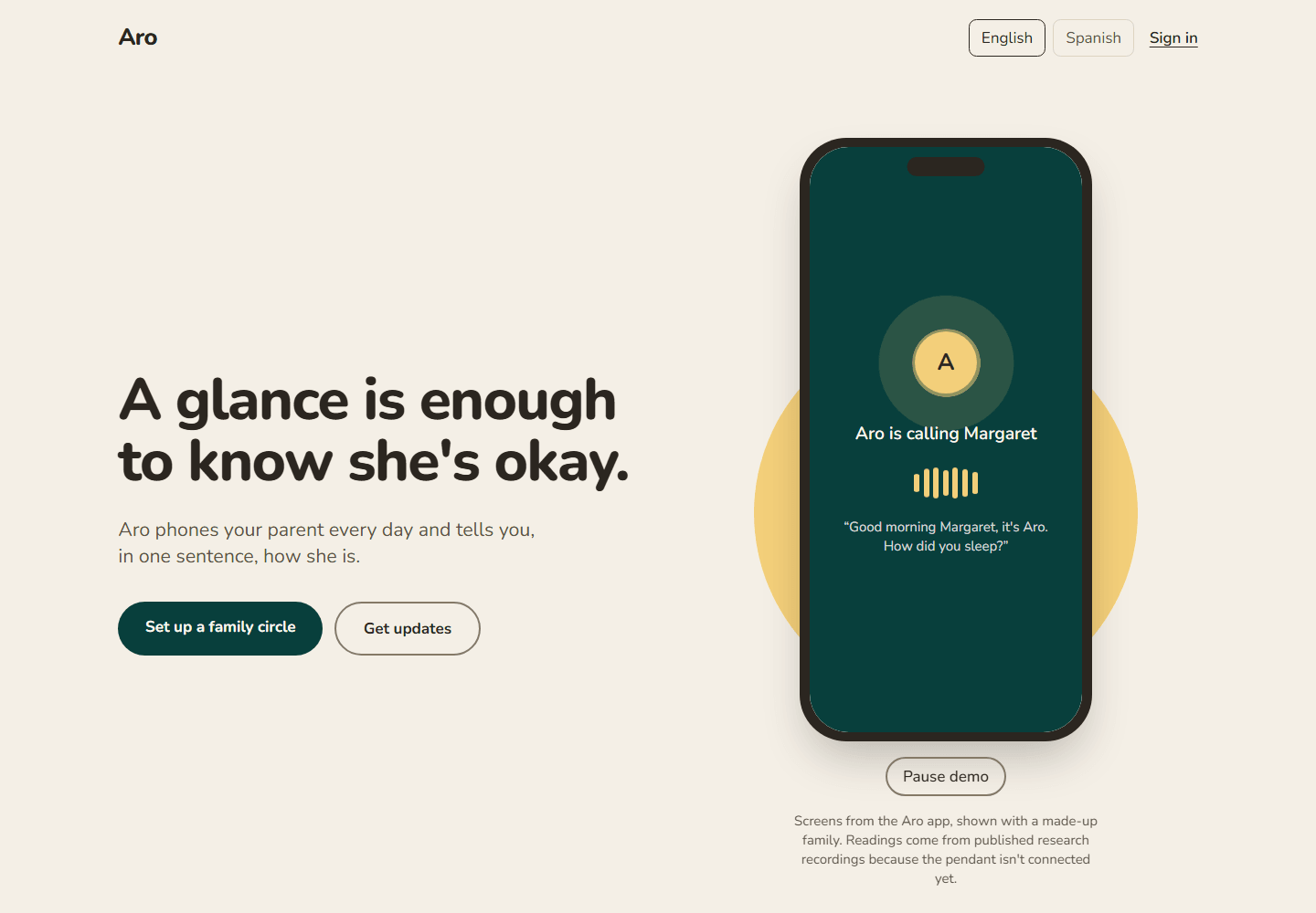 The Aro home page: A glance is enough to know she's okay, a phone mock-up showing Aro is calling Margaret, and a note that the screens use a made-up family