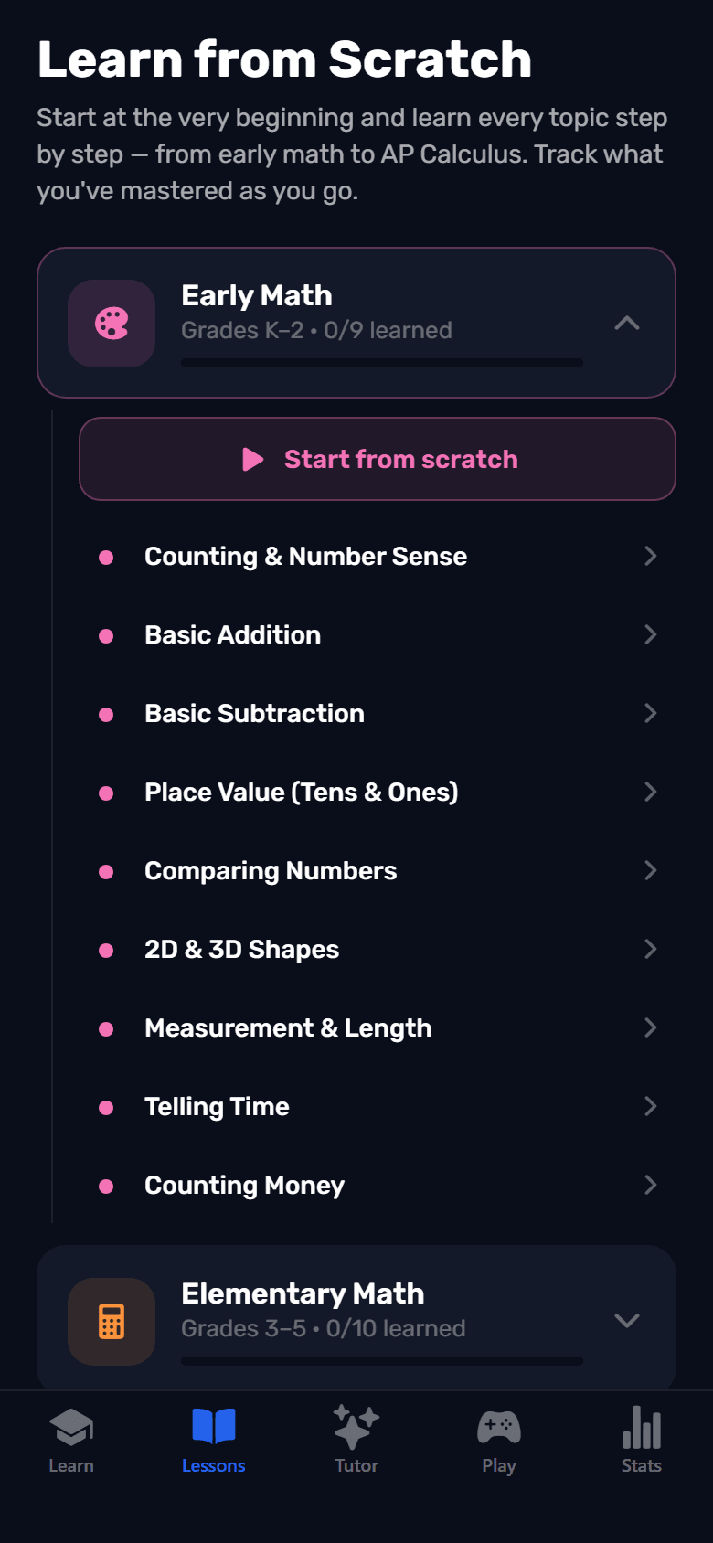 The CalcBlast Lessons tab: Learn from Scratch, with the Early Math unit open showing nine lessons from Counting and Number Sense to Counting Money, 0 of 9 learned