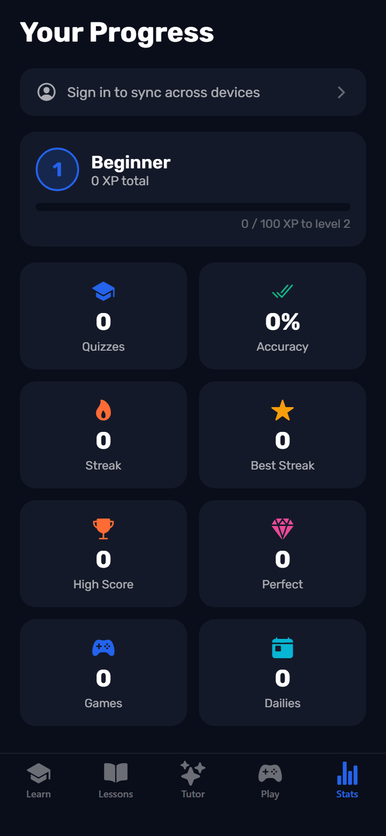 The CalcBlast Stats tab in its empty state: a Sign in to sync across devices prompt, level 1 Beginner, and zero for quizzes, accuracy, streak, best streak, high score, perfect, games and dailies