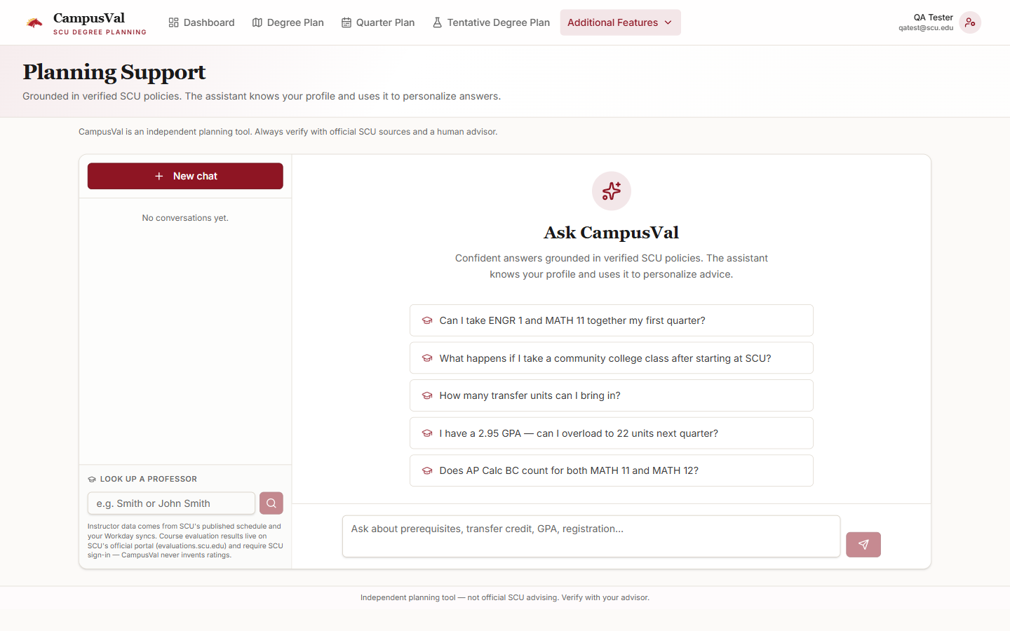 The Planning Support assistant in its empty state, offering suggested policy questions