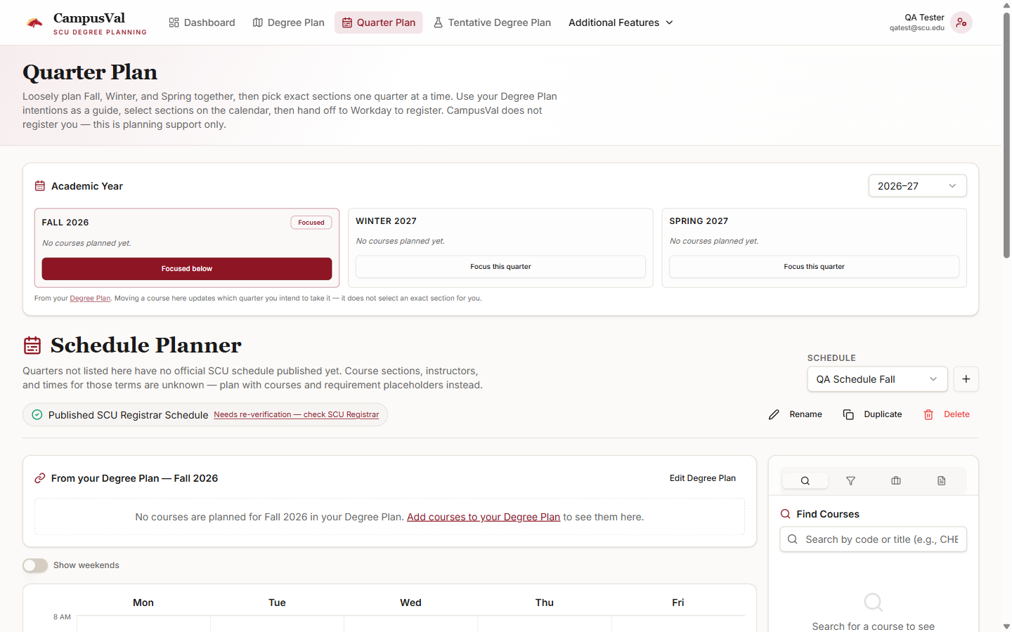 The Quarter Plan view with an academic-year selector, schedule planner calendar and course search