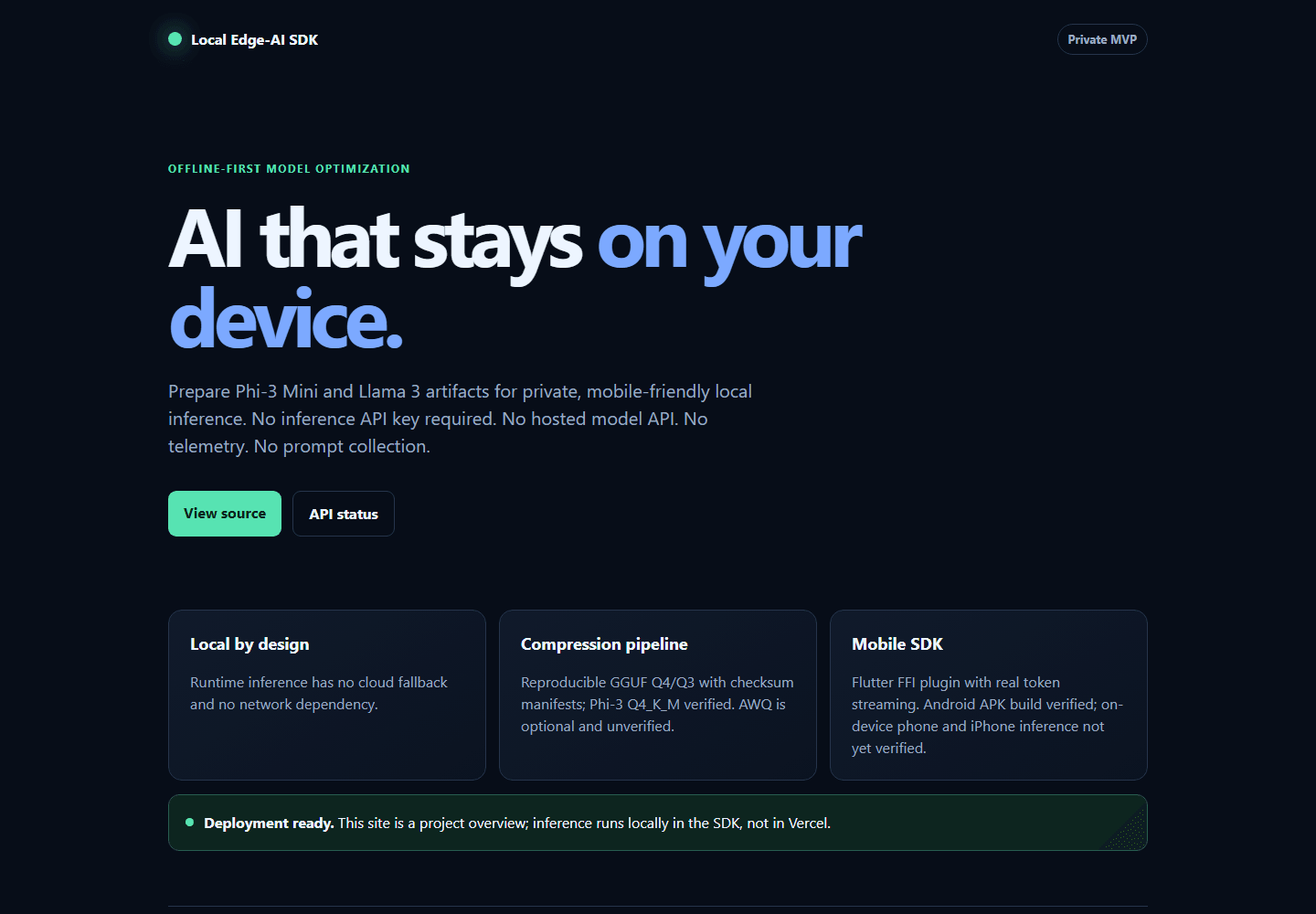 The Local Edge-AI SDK project site: AI that stays on your device, three panels for local by design, compression pipeline and mobile SDK, and a note that inference runs locally in the SDK, not on the site