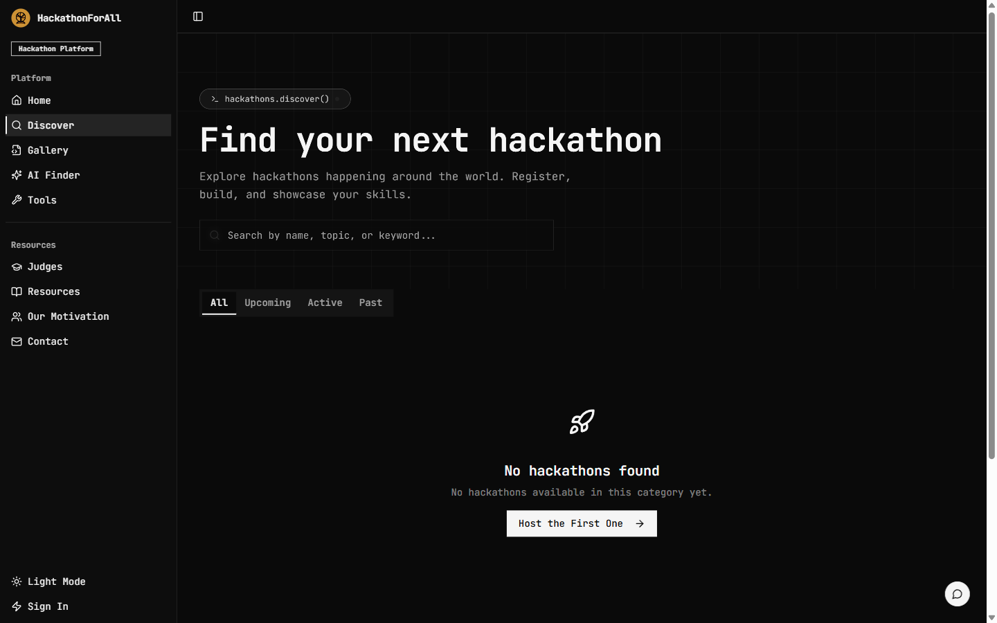 The Discover page, where participants search and filter hackathons