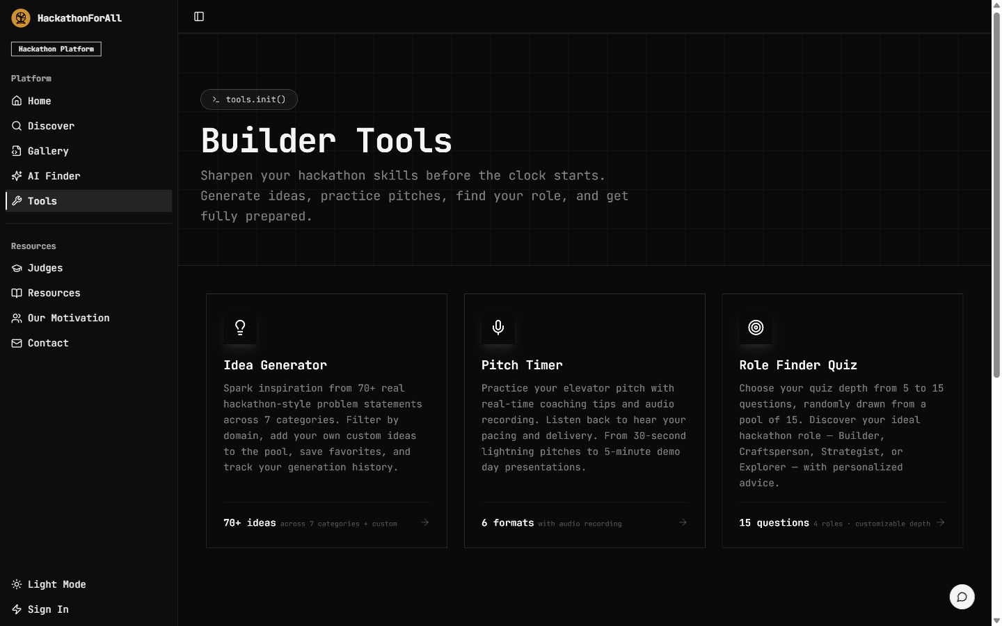 The Builder Tools page listing the five tools available to participants