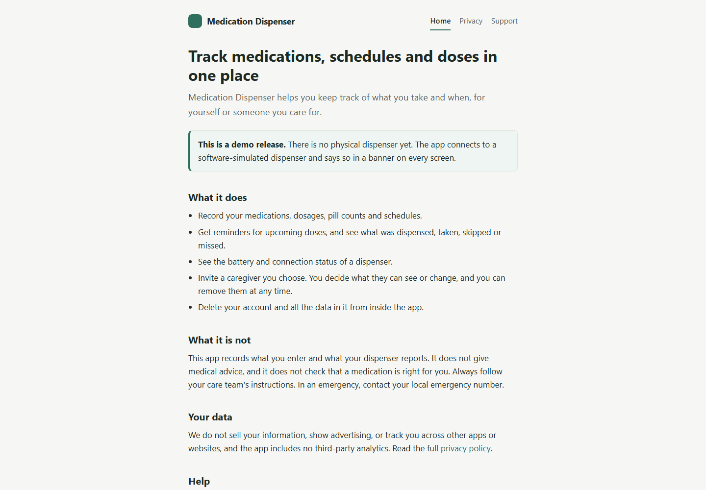 The Medication Dispenser product site: a heading reading Track medications, schedules and doses in one place, a notice that this is a demo release with no physical dispenser, and lists of what the app does and does not do