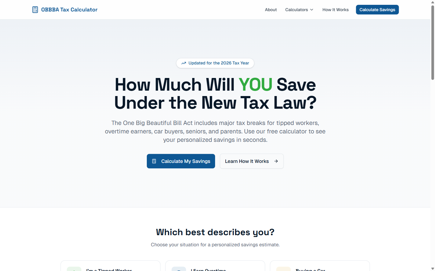 The OBBBA.tax home page showing six situation cards a visitor can choose from