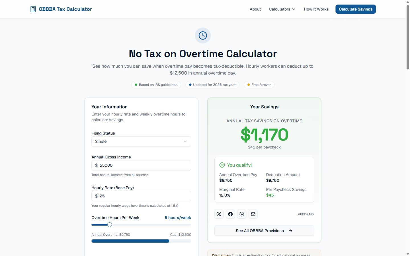 The No Tax on Overtime calculator with its own set of inputs