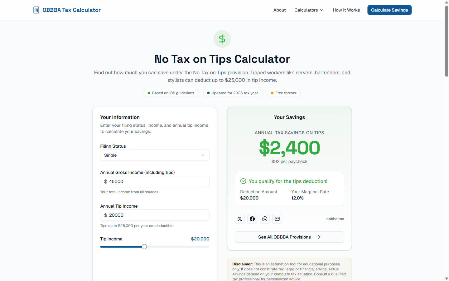 The No Tax on Tips calculator, with filing status, income and tip income inputs beside a savings panel