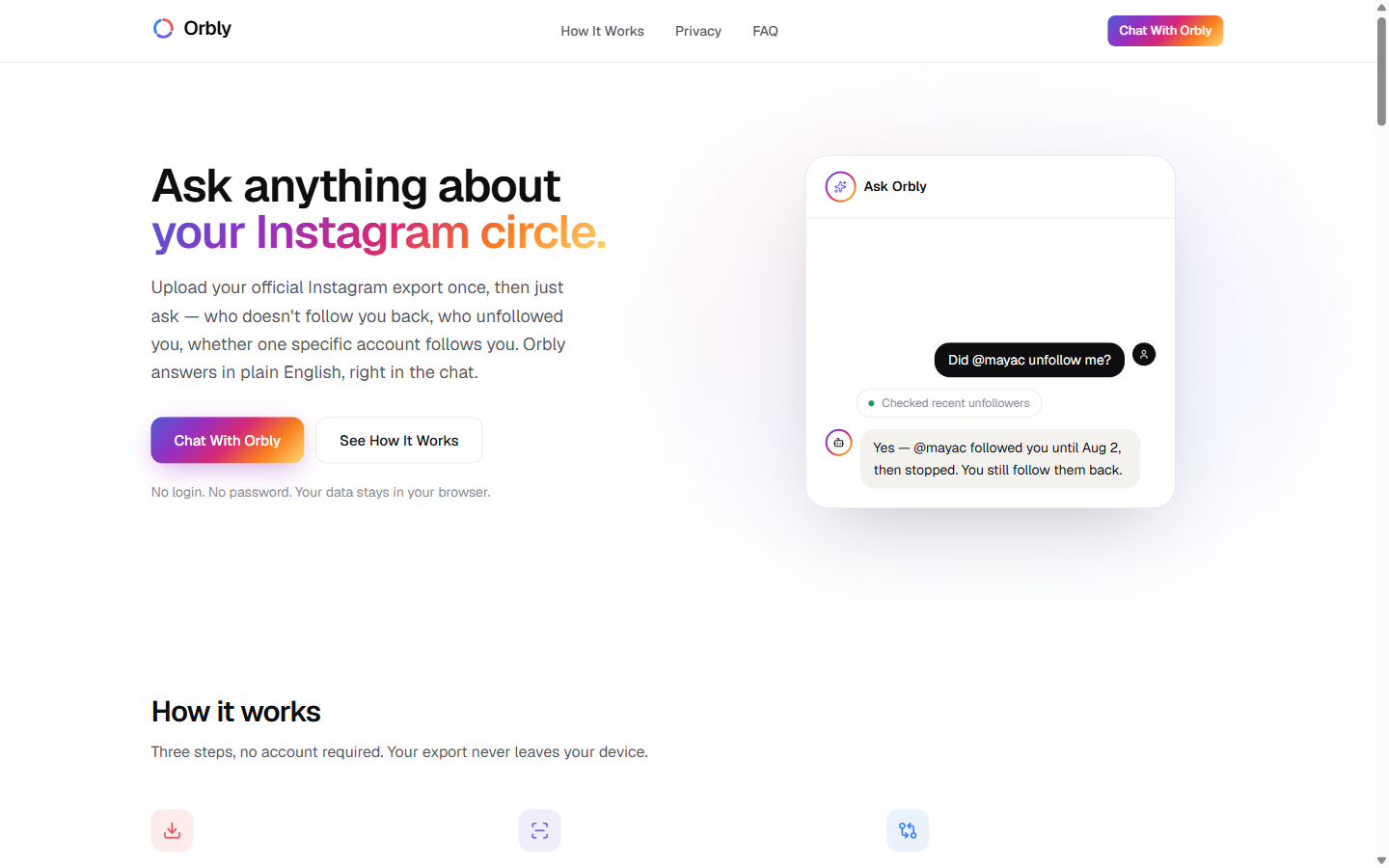 Orbly's landing page, introducing the chat interface for asking questions about an Instagram circle