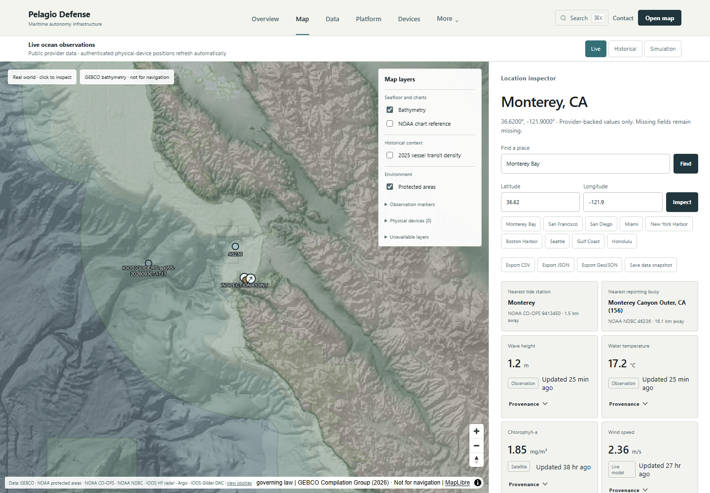 The Pelagio Defense live map centred on Monterey Bay with bathymetry and chart layers, and a location inspector showing water level and sea temperature readings with their provider and update time