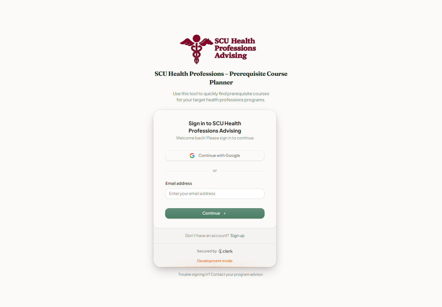 The PreHealth Advisor sign-in page: SCU Health Professions Prerequisite Course Planner, with Continue with Google and email sign-in options