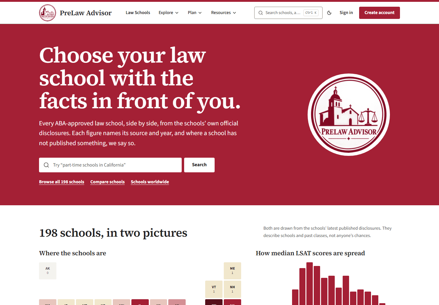 The PreLaw Advisor home page: Choose your law school with the facts in front of you, a school search box, and a section headed 198 schools, in two pictures