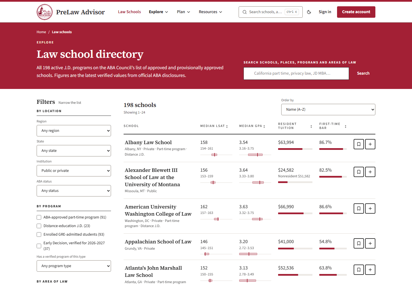 The PreLaw Advisor law school directory: filters by location, school and program on the left, and a table of schools with median LSAT, median GPA, resident tuition and first-time bar passage