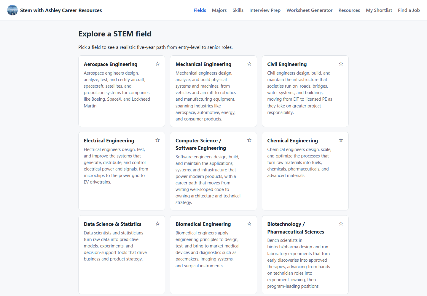 The Stem with Ashley Career Resources home page: Explore a STEM field, with cards for Aerospace, Mechanical, Civil, Electrical, Software, Chemical, Data Science, Biomedical and Biotechnology fields